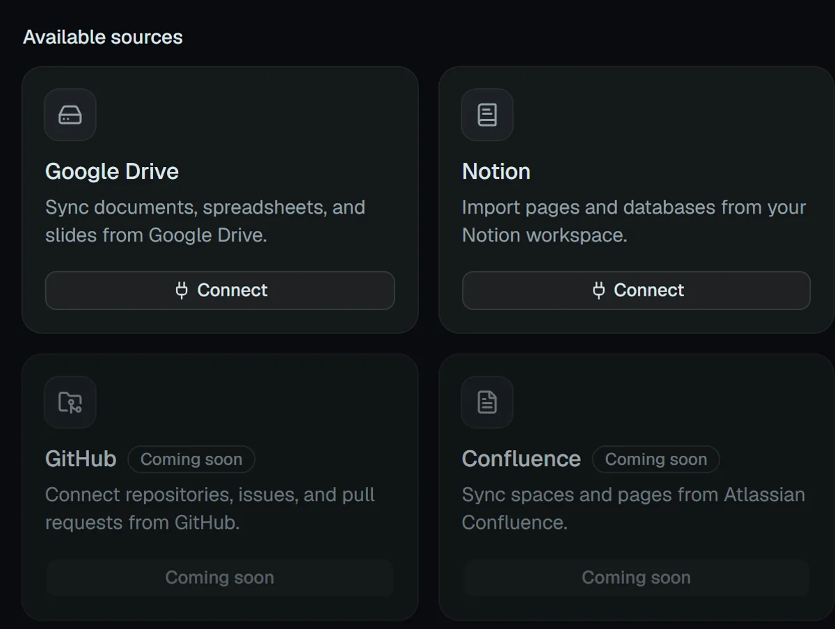 Connect sources panel: Google Drive synced with permissions intact, Notion ready to connect, and Slack and Box marked coming soon.